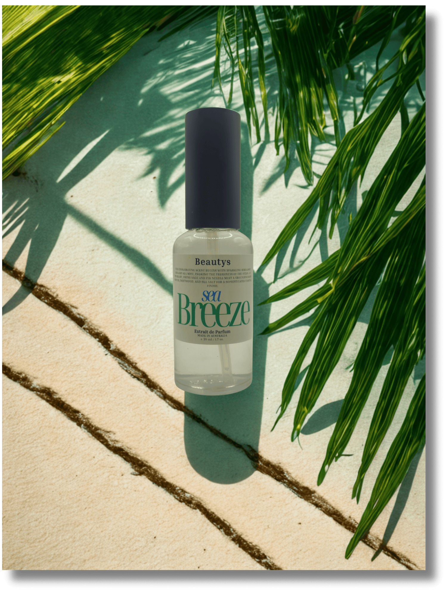 Bottle of 'Soft Breeze' product on a textured surface with palm leaves