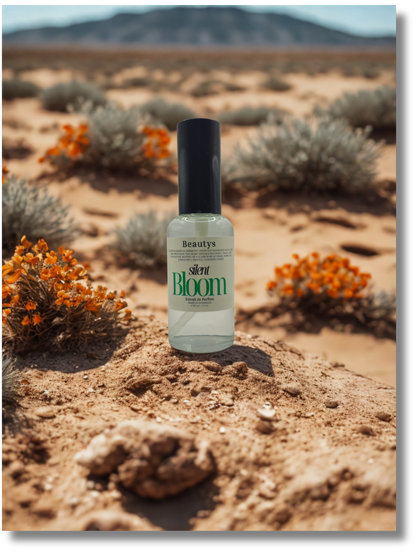 Bottle of 'Silent Bloom' product in a desert setting with desert plants and mountains.