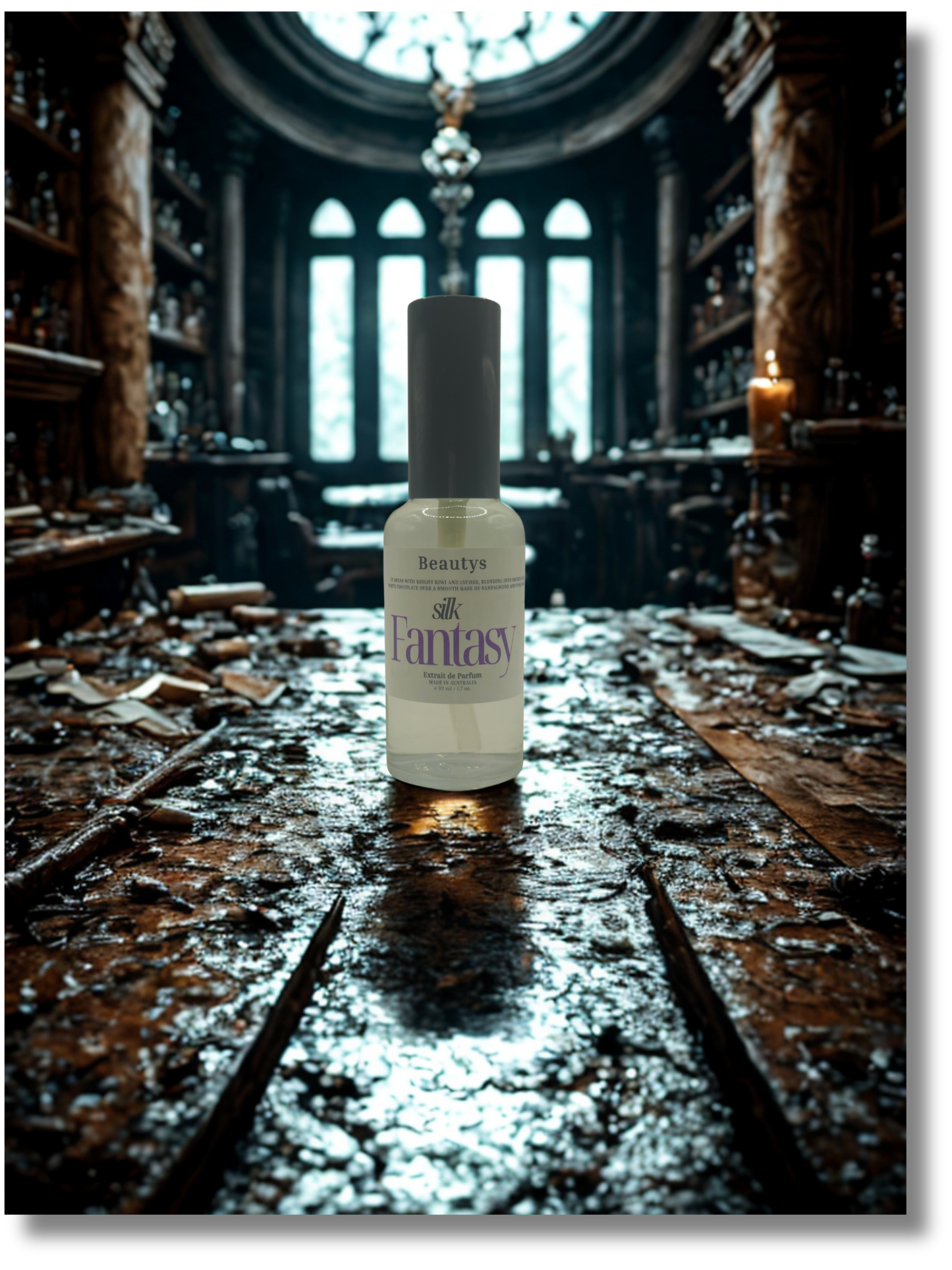 Skincare bottle labeled 'Fantasy' on a wooden table in a dimly lit room with stained glass windows.