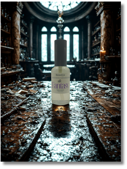 Skincare bottle labeled 'Fantasy' on a wooden table in a dimly lit room with stained glass windows.