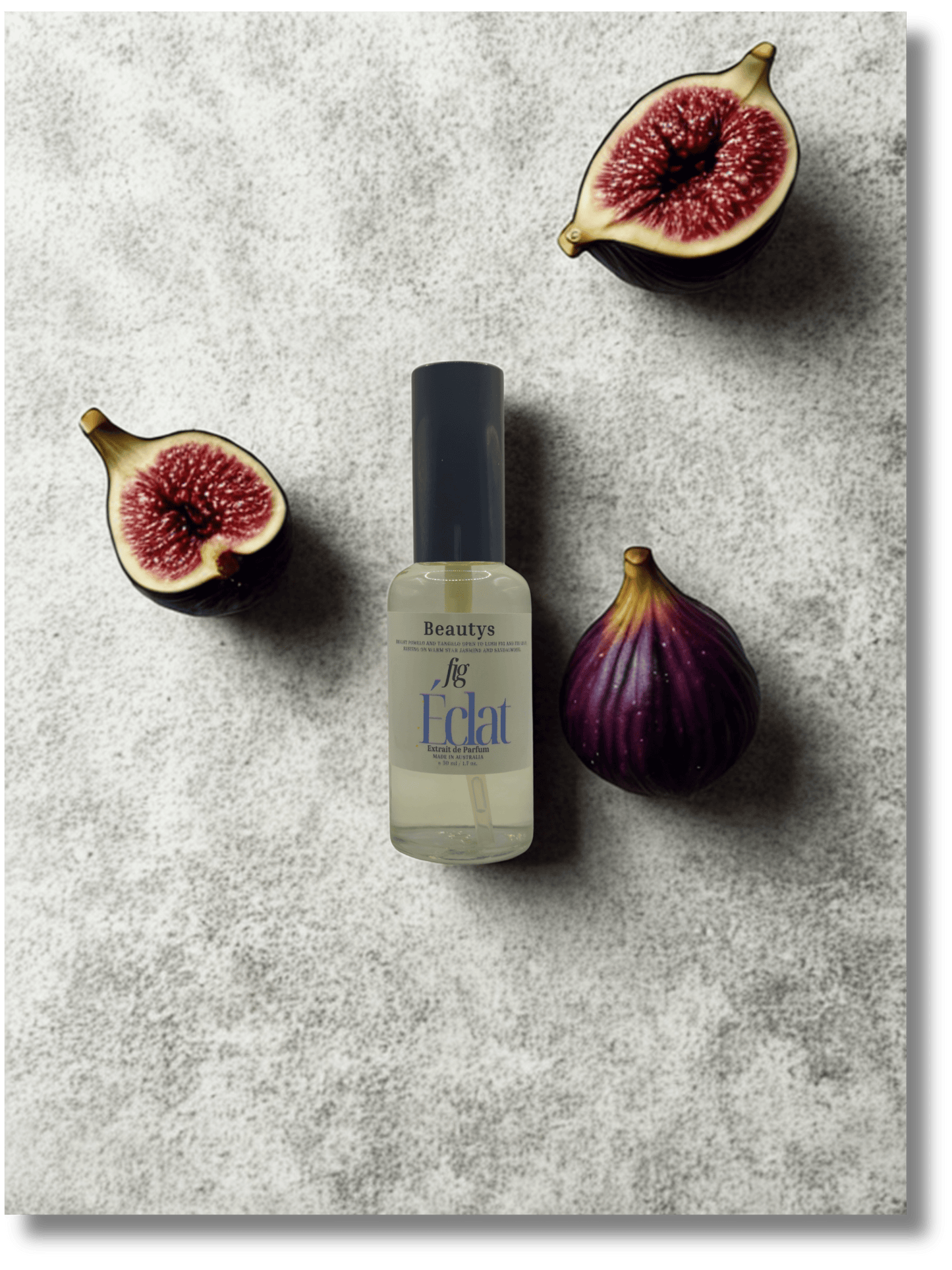 Beauty product bottle labeled 'Eclat' with halved figs on a textured surface