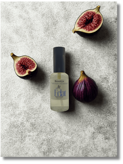 Beauty product bottle labeled 'Eclat' with halved figs on a textured surface