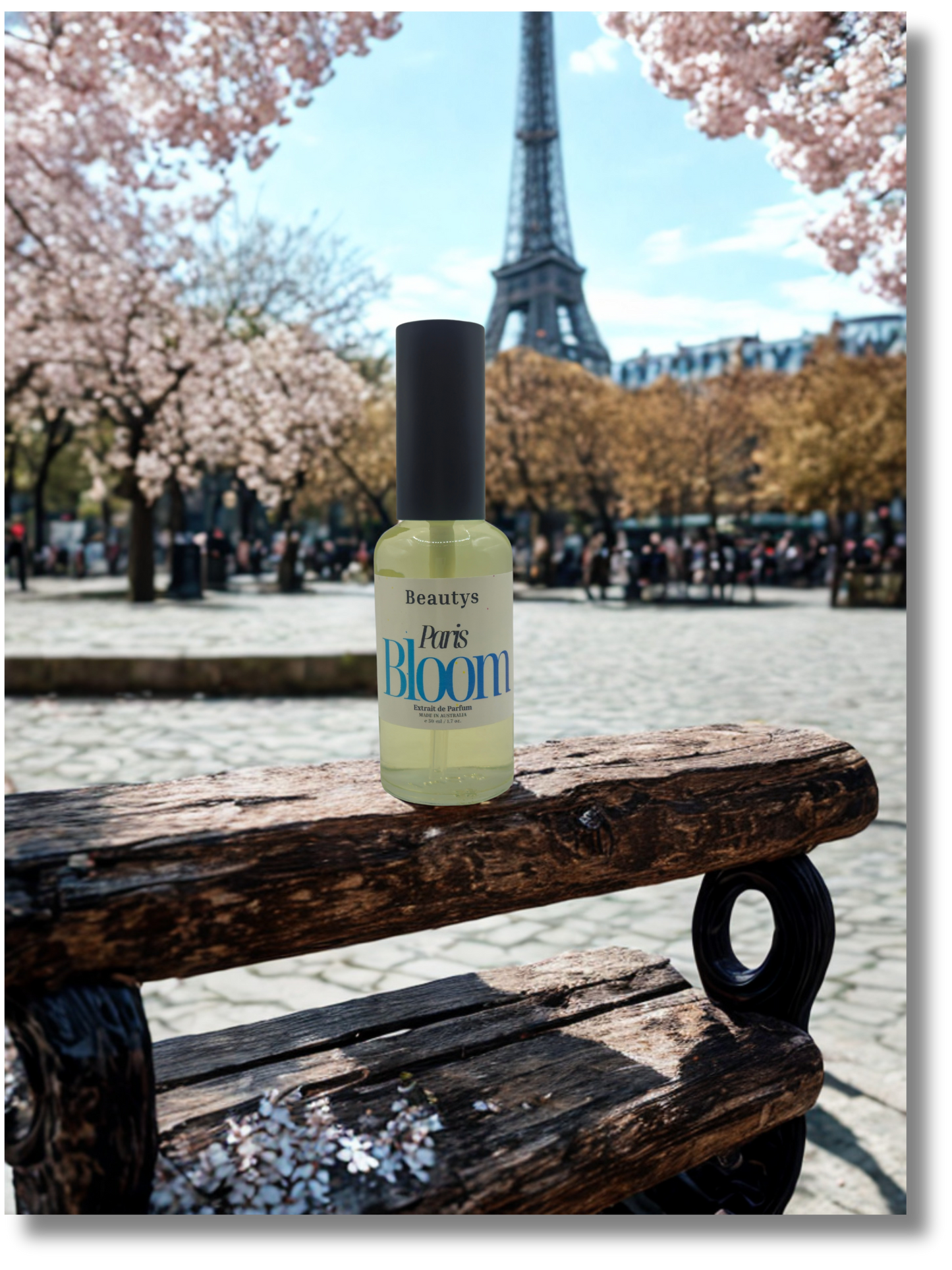 Close-up of Paris Bloom perfume showcasing premium artisan packaging