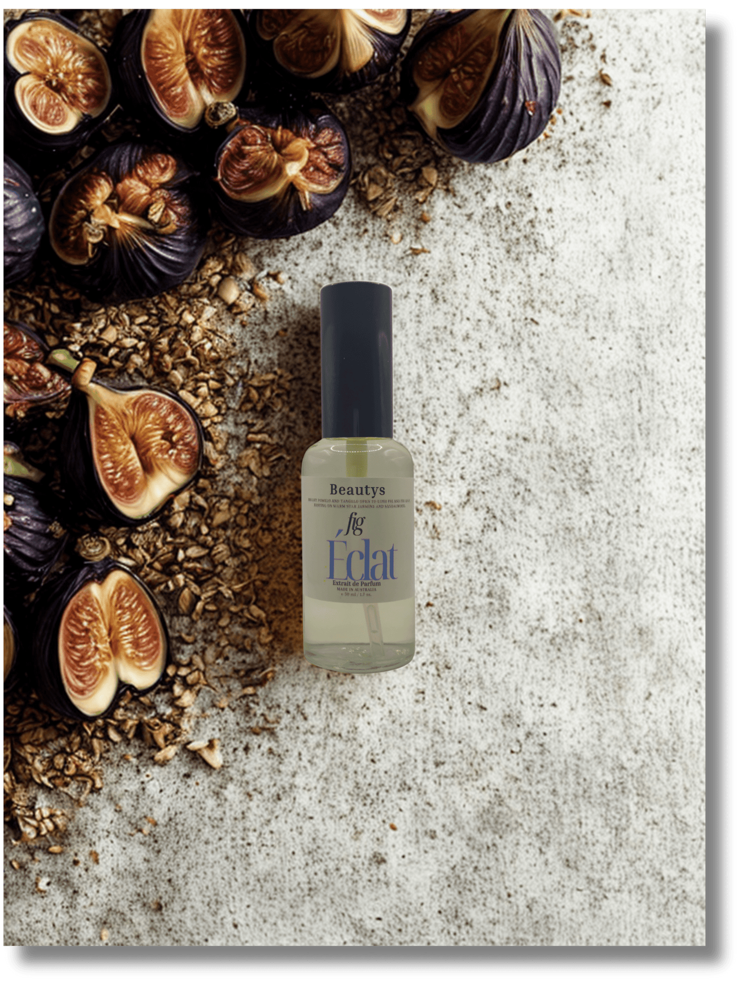 Bottle of 'Eclat' with figs and seeds on a textured surface