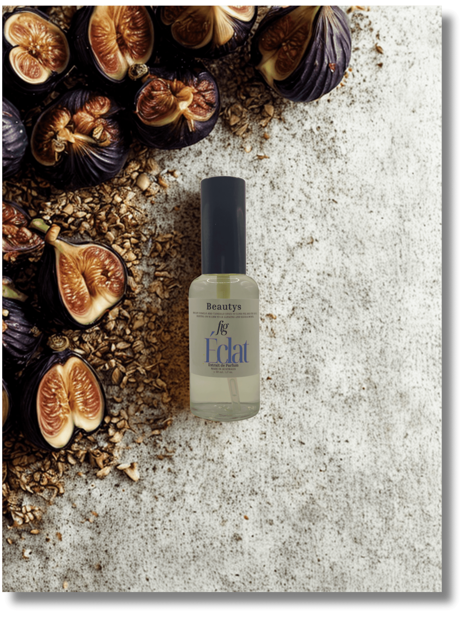 Bottle of 'Eclat' with figs and seeds on a textured surface