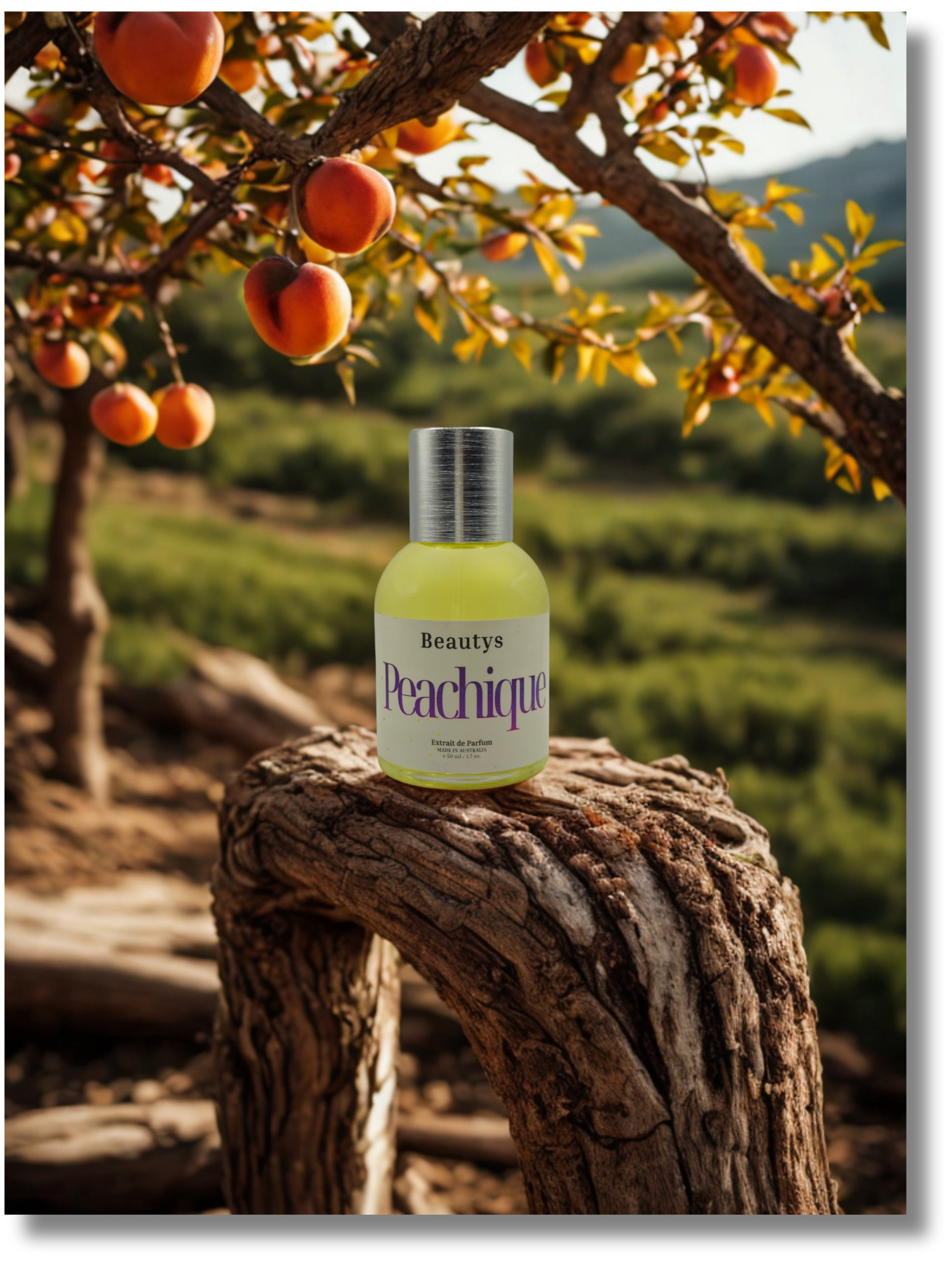 Peach perfume vanilla caramel hybrid fragrance Peachique bottle