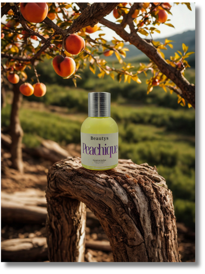 Peach perfume vanilla caramel hybrid fragrance Peachique bottle