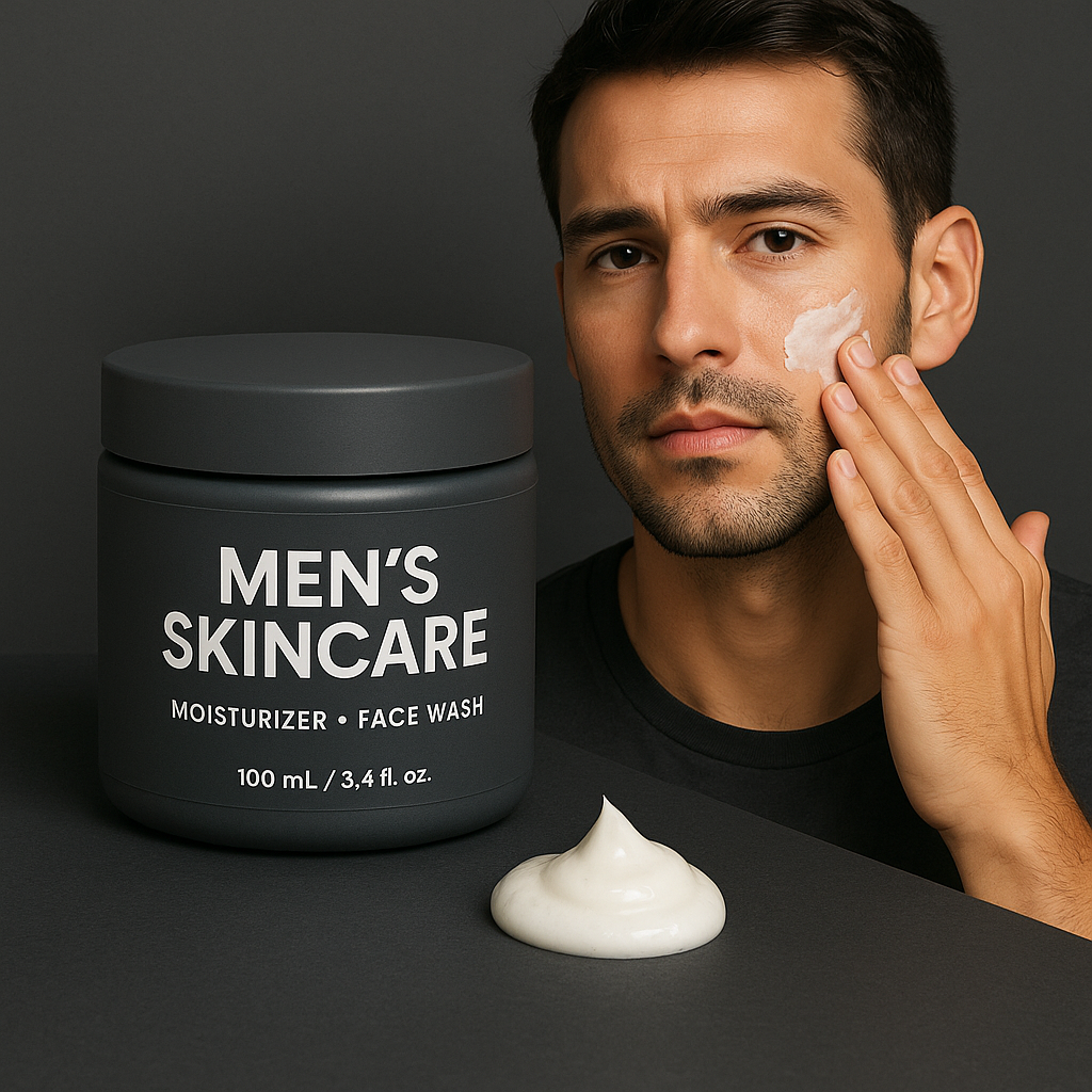 Man applying cream to his face with a jar of 'Men's Skincare' product on a dark background at beautys